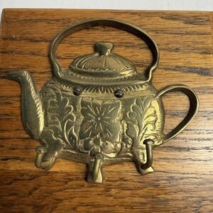 Brass Teapot Key Rack Wall Hanging Oak Wood Kitchen Organizer Country Decor
